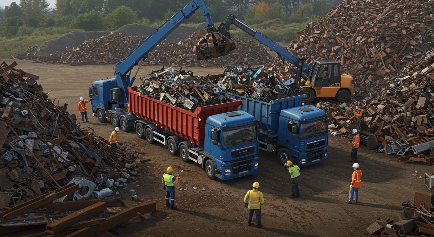 Погрузка металлолома на грузовую машину Вывоз металлолома грузовыми машинами