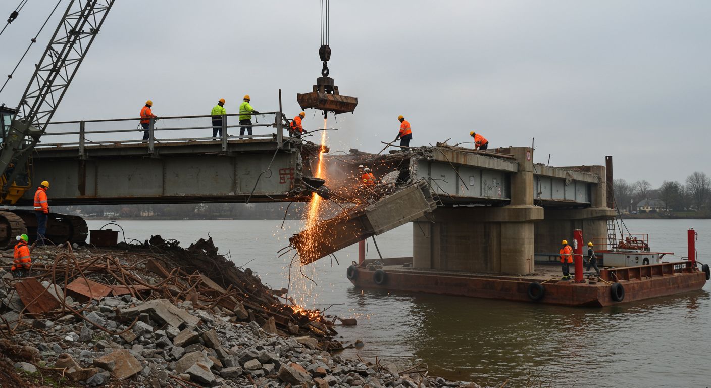Демонтаж металлолома на мосту