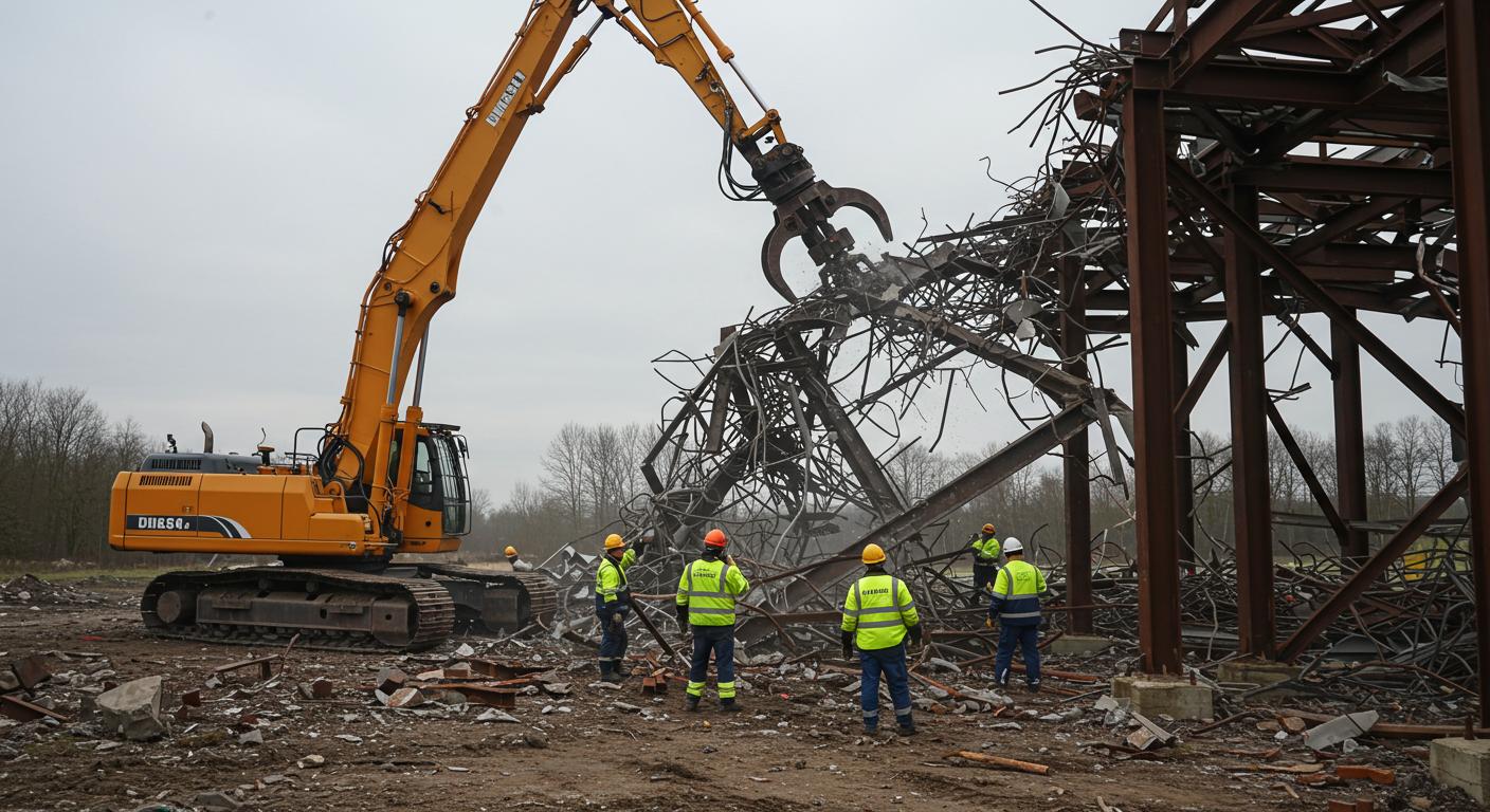 Демонтаж металлических конструкций спецтехникой Демонтаж металлических конструкций спецтехникой