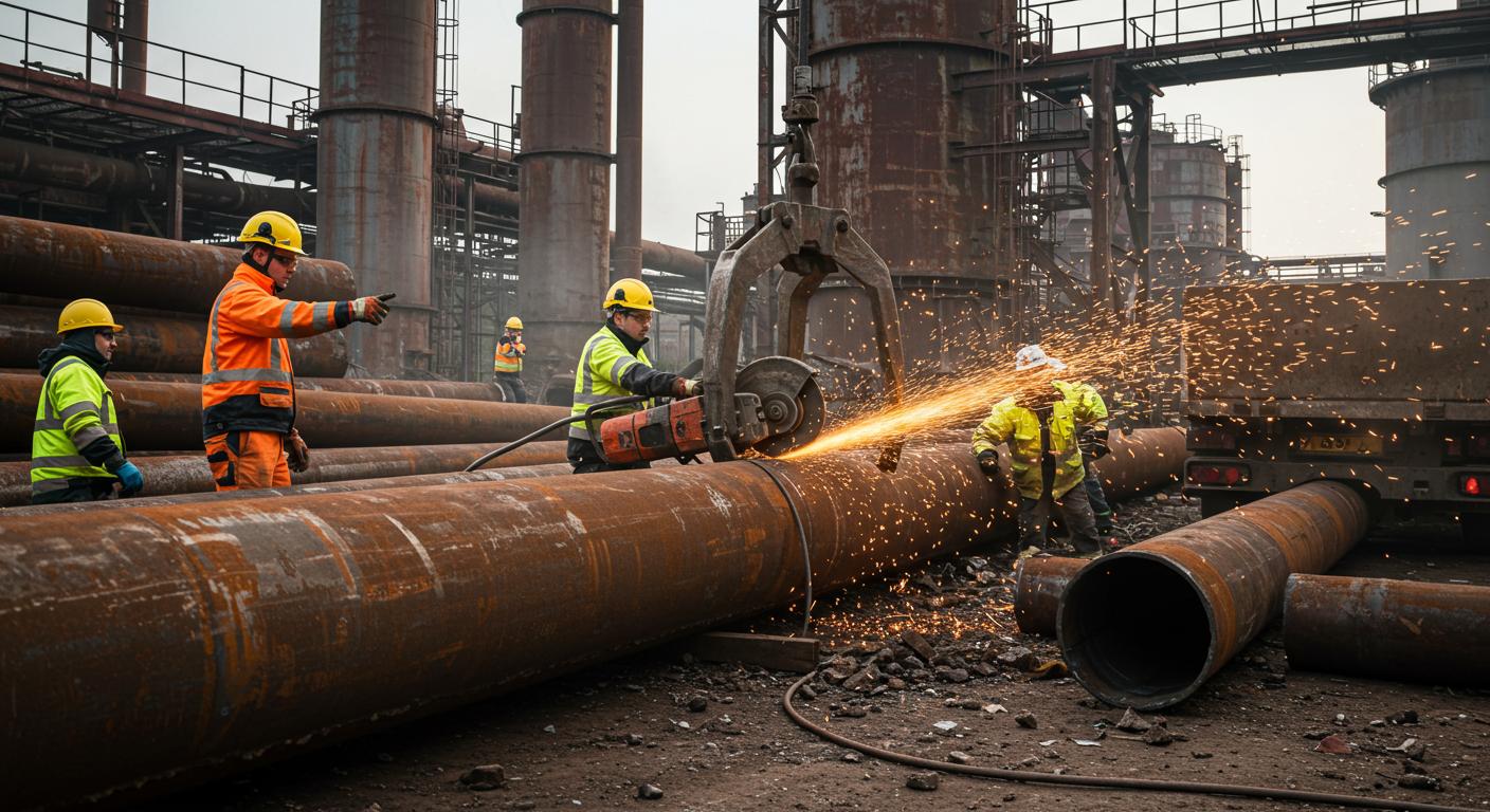 Демонтаж старых металлических труб на производственной площадке