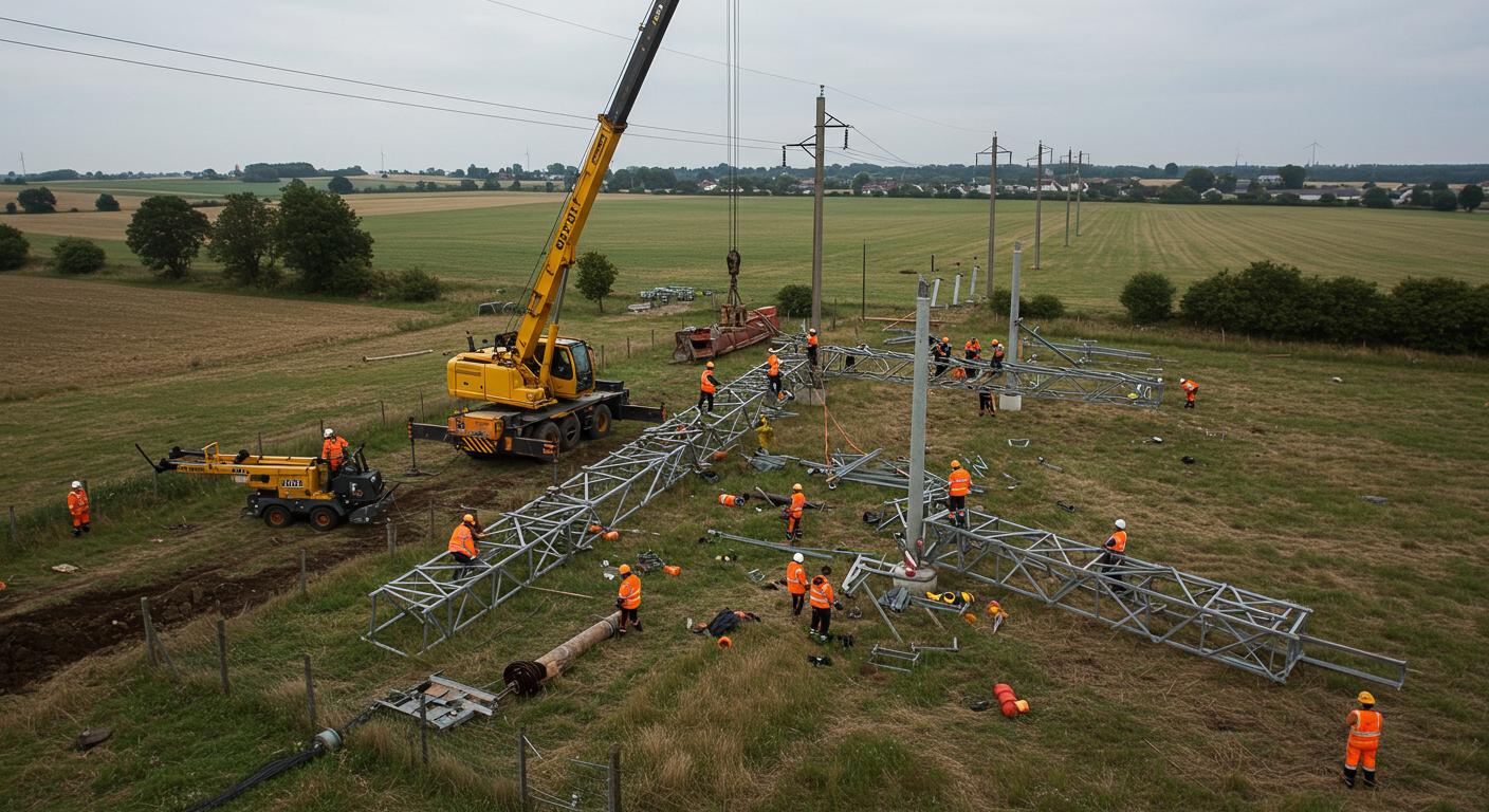 Специалисты выполняют демонтаж опор ЛЭП с использованием спецтехники Демонтаж опор линий электропередач