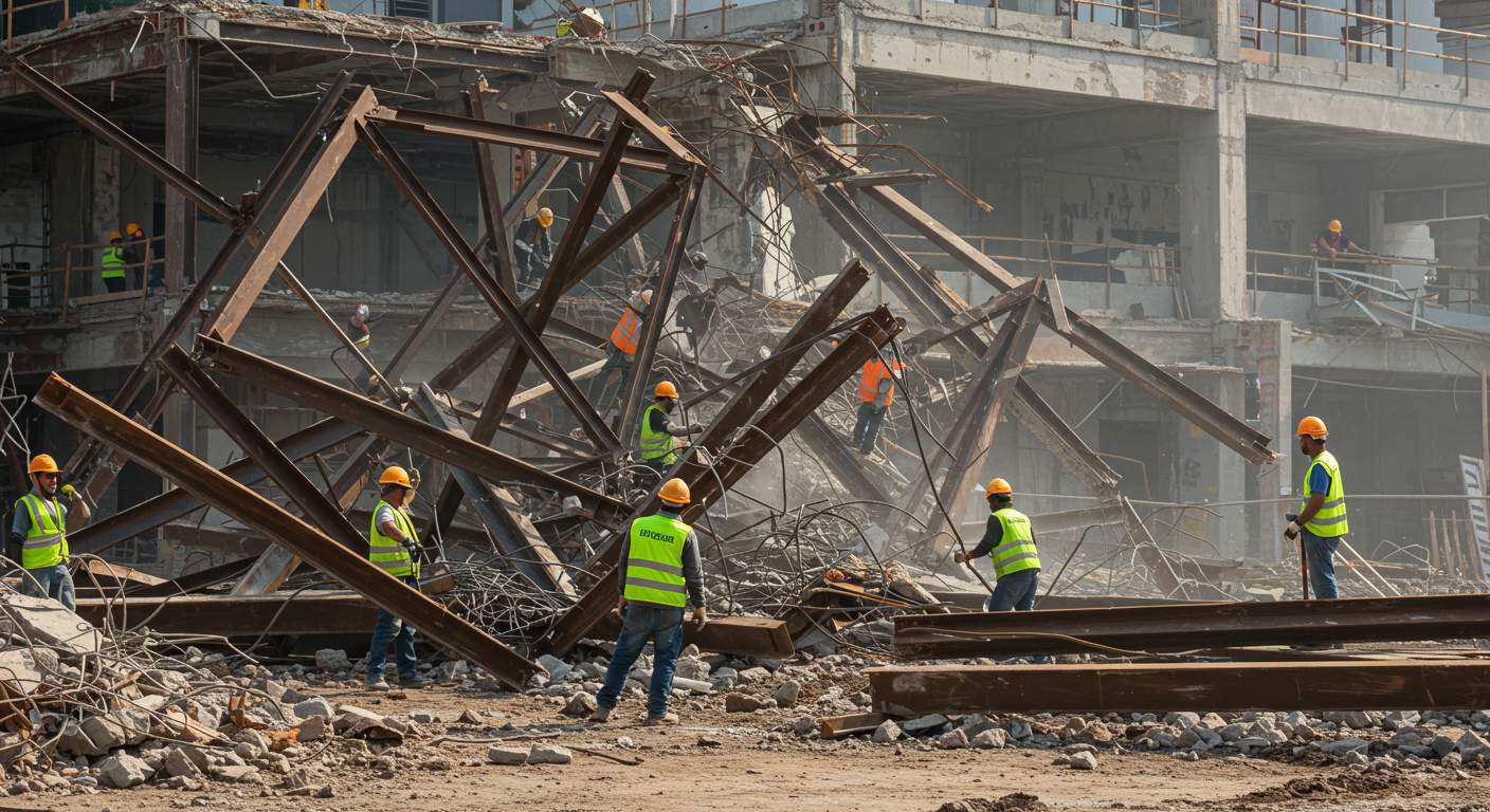 Рабочие выполняют демонтаж металлоконструкций на строительной площадке Разборка металлоконструкций на стройплощадке